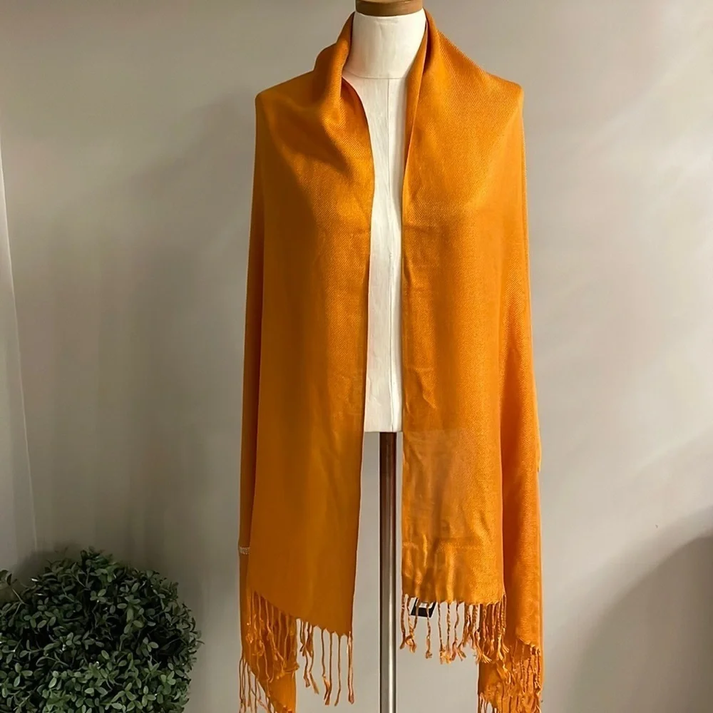 NWT PASHMINA SILK Orange wrap scarf shawl fringed bull’s head rhinestone O/S